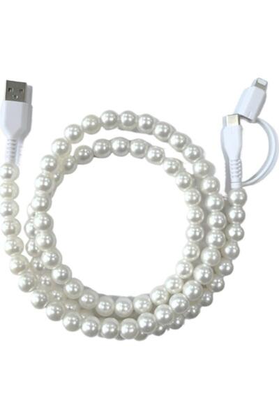 Choice 1 pcs Charging Cable 2-in-1 Pearl Beaded Creative Type C Fashionable F...