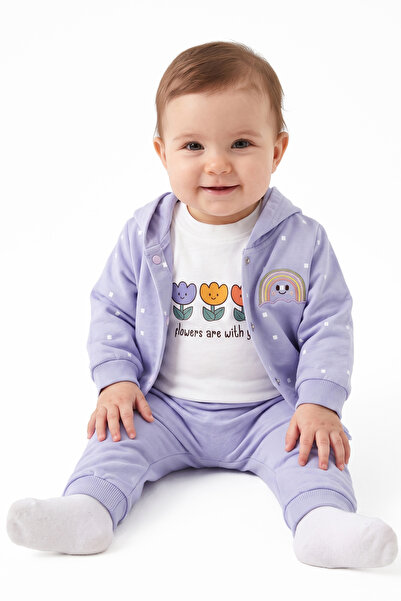 bebegen Baby Girl White Purple Tulip Rainbow Patterned Cardigan 3-Piece Set