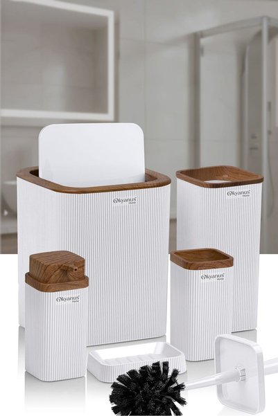 Okyanus Home Stella White Wooden Patterned Striped 5-piece Bathroom Set