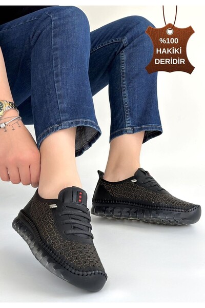 pabucmarketi Black Genuine Leather Laser Lace-Up Women's Casual Shoes