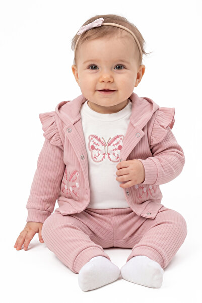 bebegen Baby Girl Ecru Pink Butterfly Embroidered Ruffle Cardigan 3-Piece Set