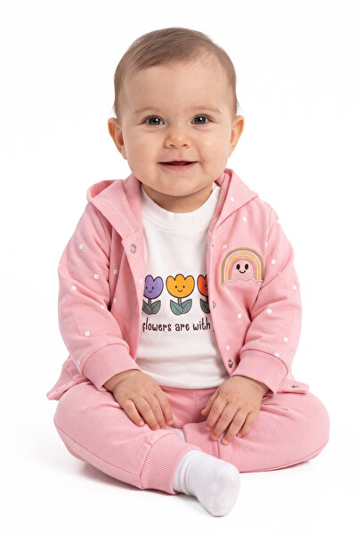 bebegen Baby Girl White Pink Tulip Rainbow Patterned Cardigan 3-Piece Set