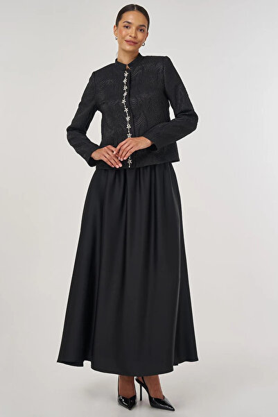 Kayra Stone Embroidered Jacquard Stylish Jacket Black