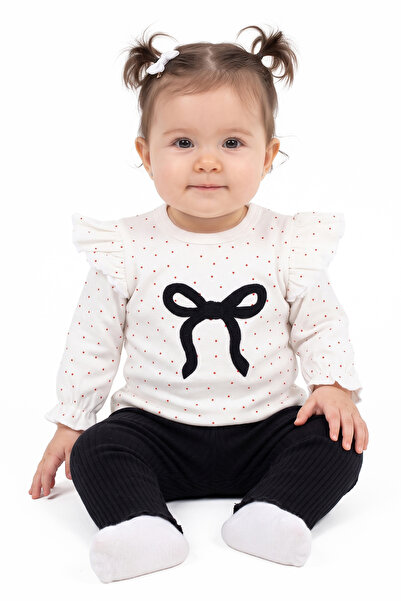bebegen Baby Girl Black White Red Polka Dot Bow Embroidered Ruffle 2-Piece Set