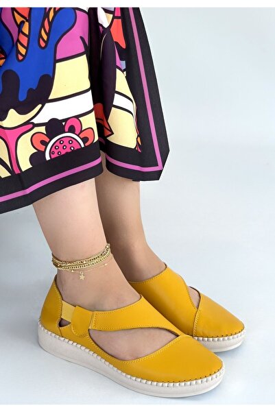 pabucmarketi Yellow Genuine Leather Women's Casual Shoes