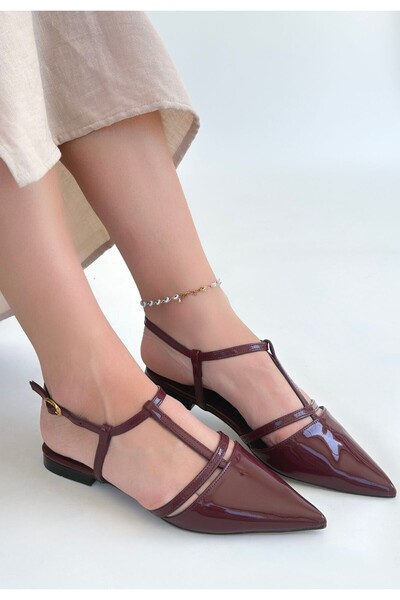 pabucmarketi Burgundy Patent Leather Women's Low Heel Shoes