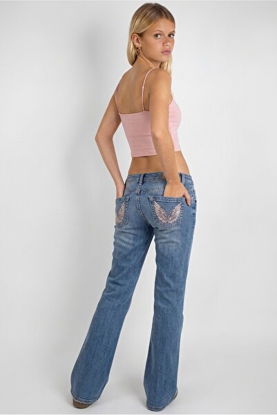 Messy Girls Women's Wing Pocket Low Waist Spanish Flare Jeans Flare Denim