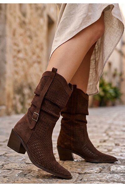 pabucmarketi Brown Suede Laser Cut Cowboy Women's Heeled Boots