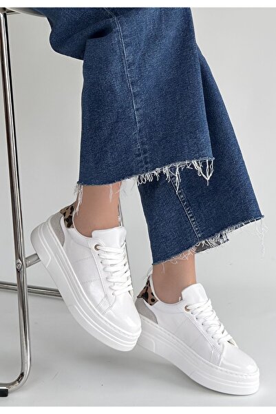 pabucmarketi White Patent Leather Lace-Up Women's Sneakers