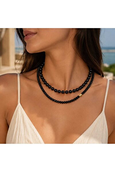 shop Golden Siyah Oniks & Kristal Boncuk Çift Sıralı Kalp Detaylı Kolye