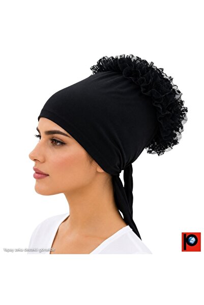 PAKER GİYİM Women's Black Frilly Non-Slip Hijab Bun Bonnet
