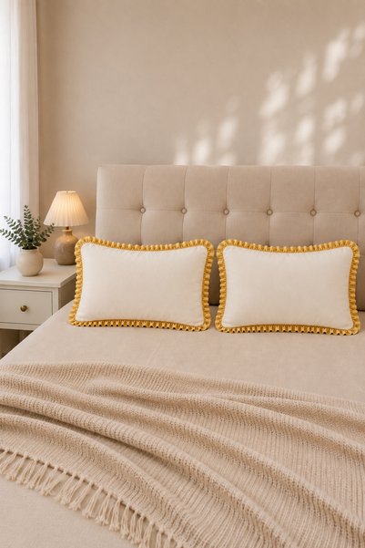 ZİLCA HOME Gold Ruffle Pillowcase Set of 2 50X70 cm – with Cover, Without Zipper, Cream