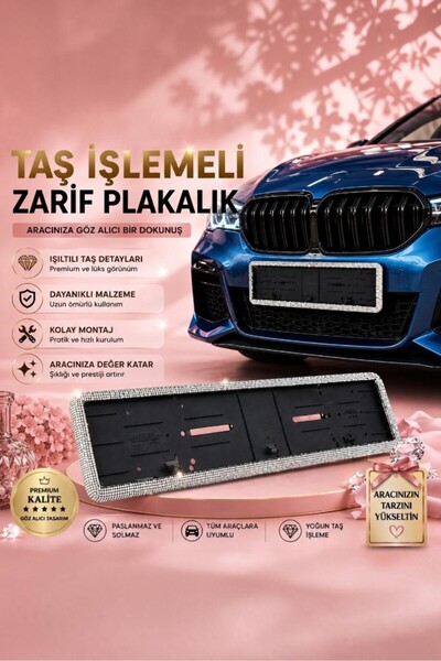 KUKO DESIGN Plakalık Taşlı Kristal Çerçeveli Premium Araç Plaka Çerçevesi Şık...