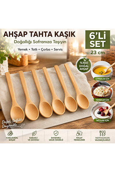 Metler Ahşap Kaşık, Tahta Kaşık, 6'lı Set, 23 cm, Yemek Kaşığı, Çorba Kaşığı,...