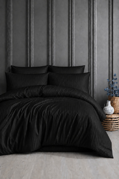 moon secret tekstil Premium Black Cotton Satin Double-Size Fitted Sheet Set (...