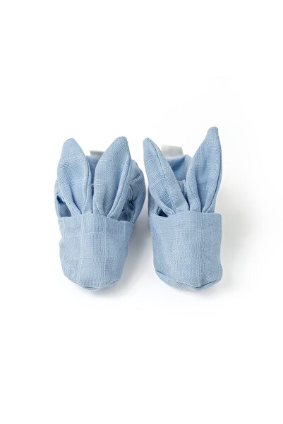 DEUX LAPINS Rabbit Ear Muslin Baby Booties – Endless Blue - Plain Blue 0-6 Mo...