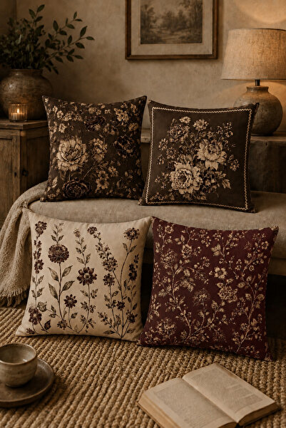 Elay Tekstil Bordo Kahverengi Çiçekli Kırlent Kılıfı 4’lü Set – Vintage Dekor...