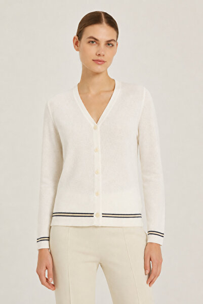 Triko Mısırlı Ecru Contrast Striped Women's Cardigan
