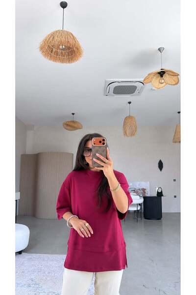 Buket Teke Burgundy Washed Fabric Six-Piece Basic T-Shirt