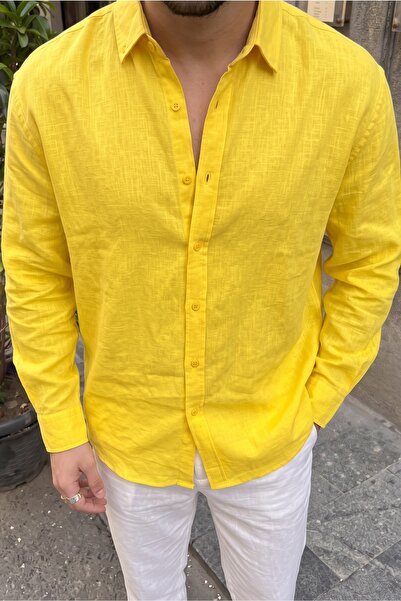 Livio Ferri Napas Men's Oversize Linen Look Dark Yellow Shirt
