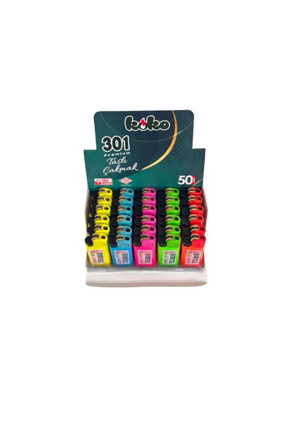 Koko 301 Premium Taşlı Çakmak 50'li Kutu - Karışık Renkli Çakmak Seti