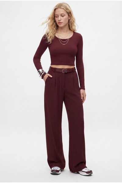 Ritnice Dámské kalhoty Rena Belted Lycra Burgundy Palazzo