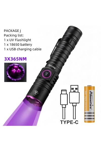 Choice مصباح يدوي USB أسود عالي الطاقة 18650 بثلاثة مصابيح 365 نانومتر بقوة 1...