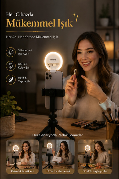 Concord LED Selfie Işığı 3 Kademeli Güçlü Işık Yeni Nesil Type-C Şarjlı Tüm Telefonlara Uyumlu Kamera Dolgu Işığı