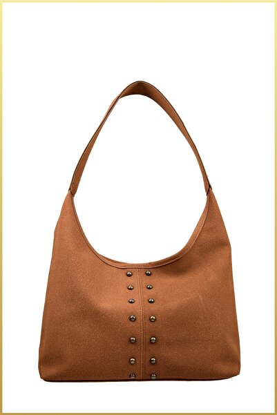 birizmoda Women's Studded Detailed Suede Hand and Shoulder Bag - Tan