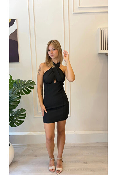 SHIN Butik SHIN Çapraz Yaka Sırt Dekolteli Siyah Mini Elbise