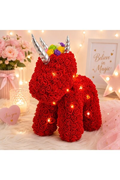 velve Unicorn floral rosu din trandafiri de spuma cu LED-uri, in cutie transp...