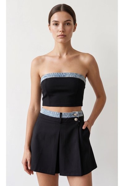 SHIN Butik SHIN Yüksek Bel Piliseli Mini Etek Şort (Denim Detaylı)