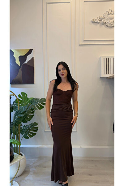 SHIN Butik Kahverengi Dantel Detaylı Büzgülü Bel Dekolteli Balık Uzun Abiye E...
