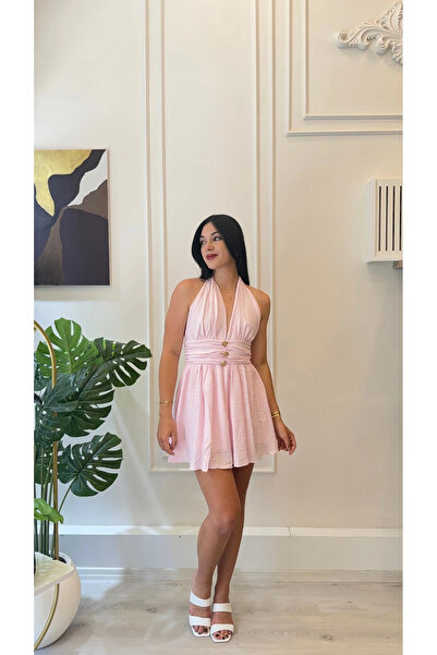 SHIN Butik Pembe Halter Yaka Düğme Detaylı Gipeli Mini Elbise