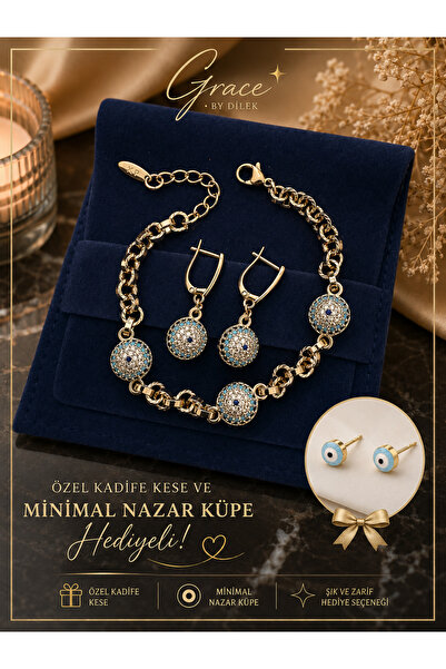 GRACEbyDilek KARARMAZ ALTIN KAPLAMA NAZAR BONCUKLU BİLEKLİK & KÜPE SET (KADİF...