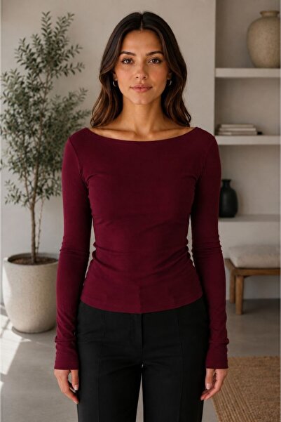 Maison La Femme Women's Burgundy Boat Neck Long Sleeve Basic Blouse