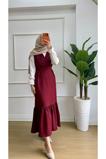 Nisa Nalbantoğlu Burgundy Crepe Hijab Ruffled Gilet