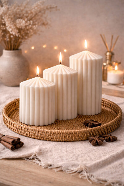 Lúmea Candle Kabartmalı Soya Mum Seti – Dekoratif 3’lü Ribbed Tasarım Beyaz M...