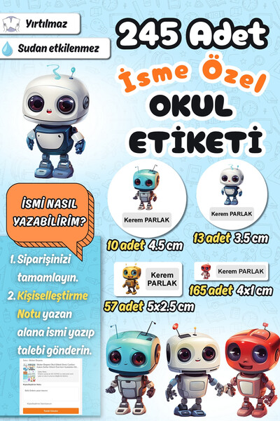 Sticker Ekspres Okul Etiketi Sevimli Robotlar Kalem Defter Etiketi Özel İsim ...