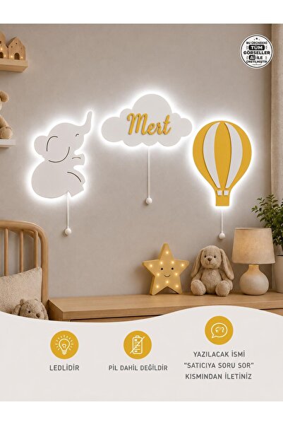 Windly Concept Fil Balon İsimli Bulut Ahşap LED'li Çocuk Odası Dekorasyonu - ...