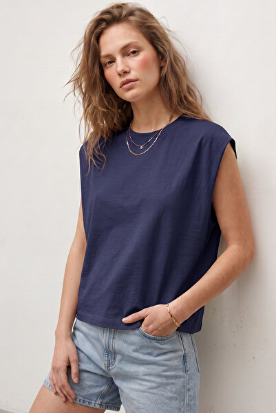 Elemge 100% bumbac, țesătură din jerseu simplu, tricou indigo supradimensiona...