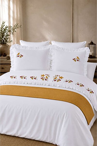 İK TEKSTİL Flora Bird Embroidered Ruffled 100% Cotton Runner 7 Piece Double D...