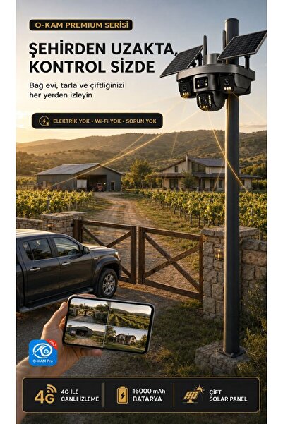 O-KAM OK335 Premium Serisi 12MP 4 Kameralı 4G Çift Solar Panel Gece Görüş 1 Yıl Turkcell +128GB Hafıza