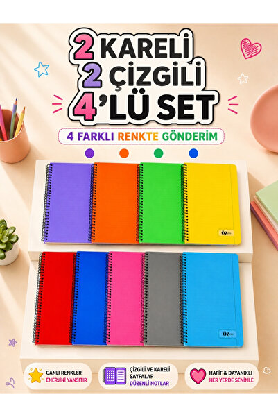 ÖZ OFİS A4 72 Yaprak 2 KARELİ + 2 ÇİZGİLİ SPİRALLİ PLASTİK KAPAK OKUL DEFTERİ...
