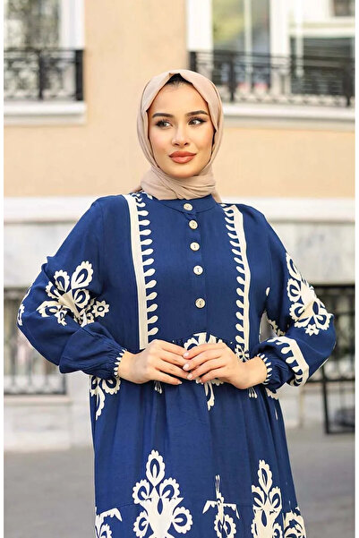 sefamerve Tile Pattern Dress 4100-05 Navy Blue
