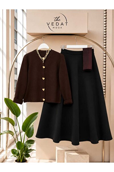 MODA VEDAT Women's Heart Buttoned Knitwear Cardigan Skirt Set -56 Brown-Black
