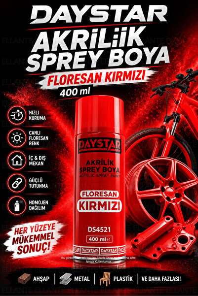 ellante DAYSTAR Floresan Kırmızı Akrilik Sprey Boya 400 ml – Hızlı Kuruyan Ço...