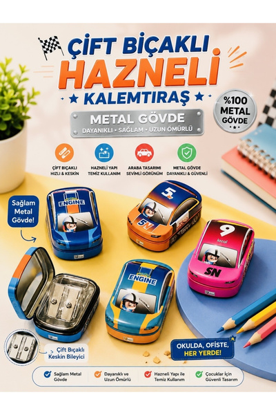 ÖZ OFİS Metal Arabalı Çift Bıçaklı Hazneli Kalemtıraş - Kapaklı Hazneli Metal...