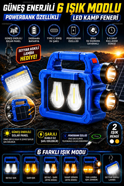 nelerbulurum ŞARJLI 6 MODLU GÜNEŞ ENERJİ PANELLİ BEYAZ VE SARI IŞIKLI 2400MAH...