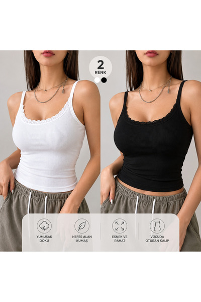 LEMAR MODA Kadın Beyaz 2Li Dantelli Kaşkorse Ip Askılı V Yaka Esnekli Atlet S...